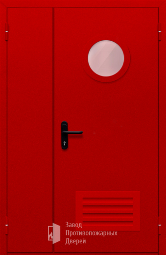 Фото двери «Полуторная с круглым стеклом и решеткой (красная)» в Павловскому Посаду